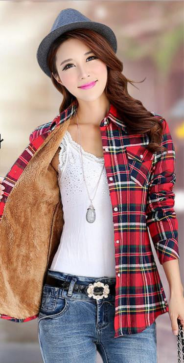 Velvet Thick Warm Women's Plaid Shirt Female Long Sleeve Tops Plus Size Check Blouse