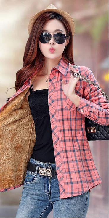 Velvet Thick Warm Women's Plaid Shirt Female Long Sleeve Tops Plus Size Check Blouse