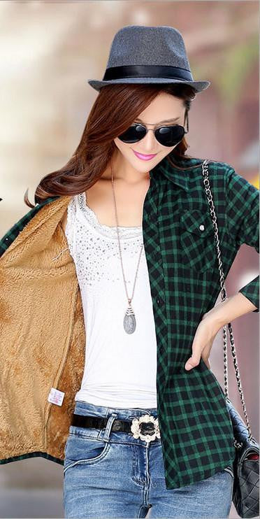 Velvet Thick Warm Women's Plaid Shirt Female Long Sleeve Tops Plus Size Check Blouse