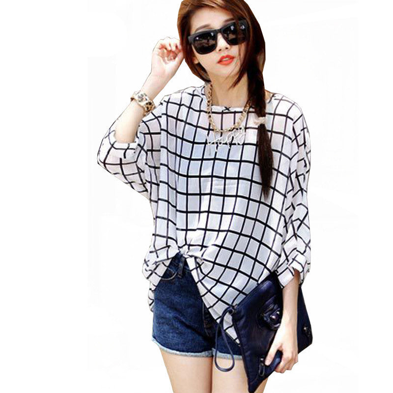 Online discount shop Australia - Chiffon Shirts 6XL Plus Size Women Clothing  Novelty Plaid Print  Blouses Batwing Sleeve Women's Casual Tops