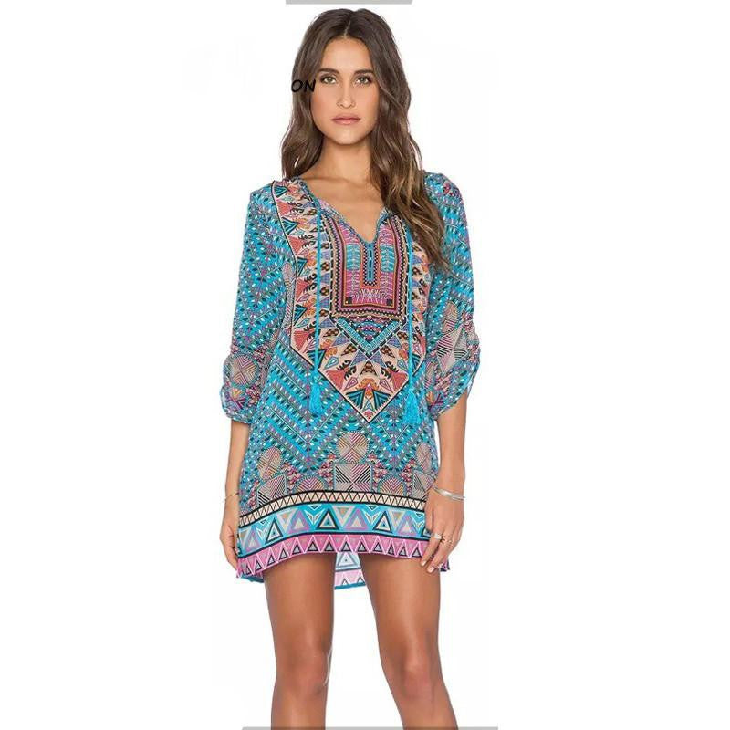 Women bohemian summer dress Ethnic Ropa Mujer 3/4 sleeve Loose V neck vintage print dress short hippie