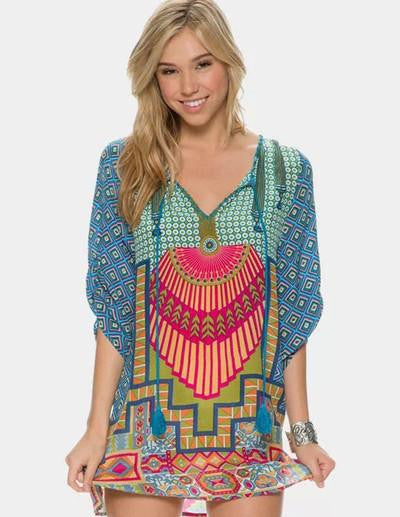 Women bohemian summer dress Ethnic Ropa Mujer 3/4 sleeve Loose V neck vintage print dress short hippie