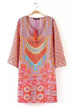 Women bohemian summer dress Ethnic Ropa Mujer 3/4 sleeve Loose V neck vintage print dress short hippie