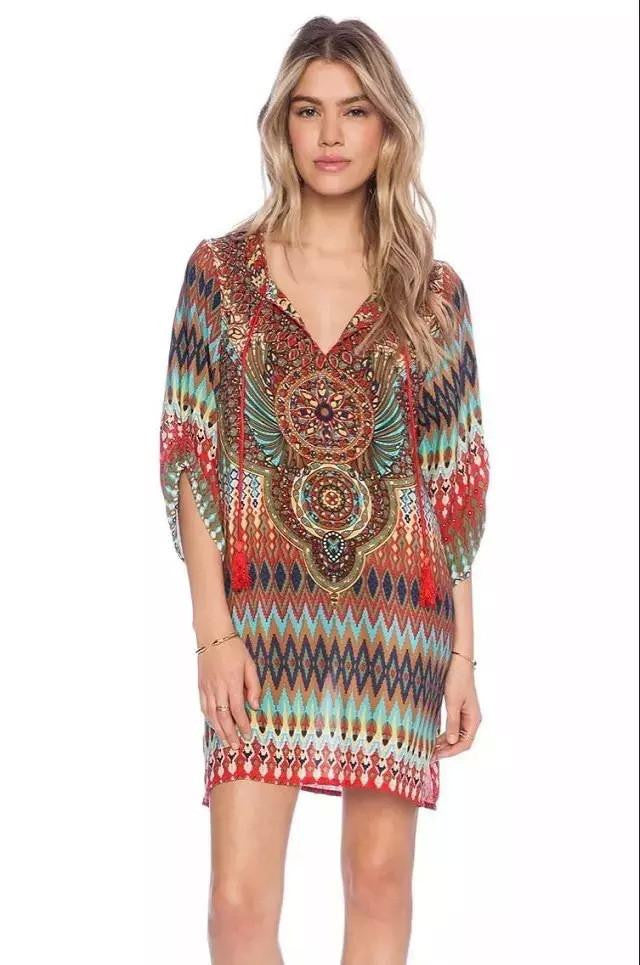Women bohemian summer dress Ethnic Ropa Mujer 3/4 sleeve Loose V neck vintage print dress short hippie