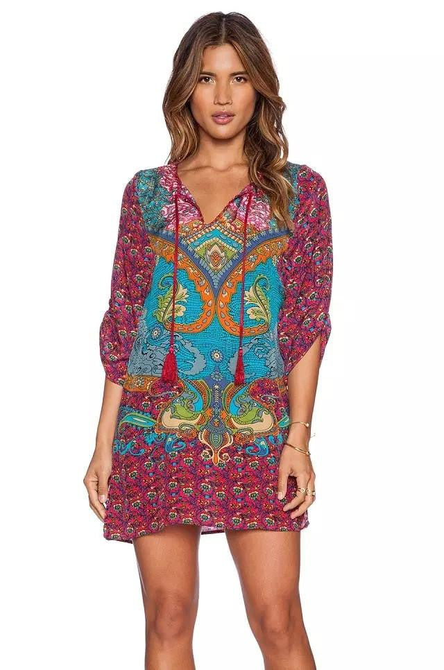 Women bohemian summer dress Ethnic Ropa Mujer 3/4 sleeve Loose V neck vintage print dress short hippie