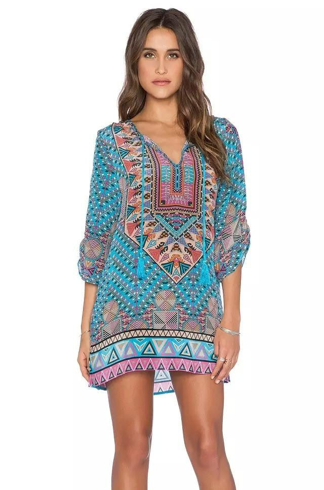 Women bohemian summer dress Ethnic Ropa Mujer 3/4 sleeve Loose V neck vintage print dress short hippie