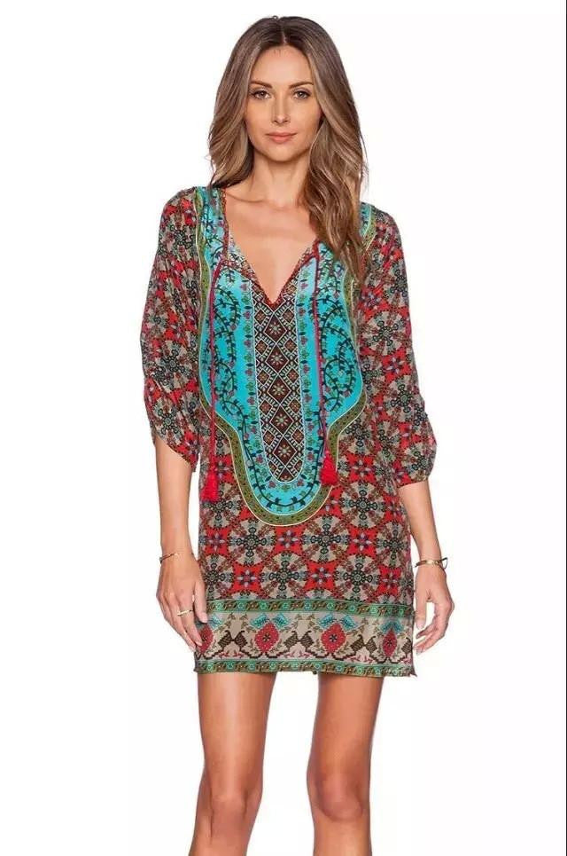Women bohemian summer dress Ethnic Ropa Mujer 3/4 sleeve Loose V neck vintage print dress short hippie
