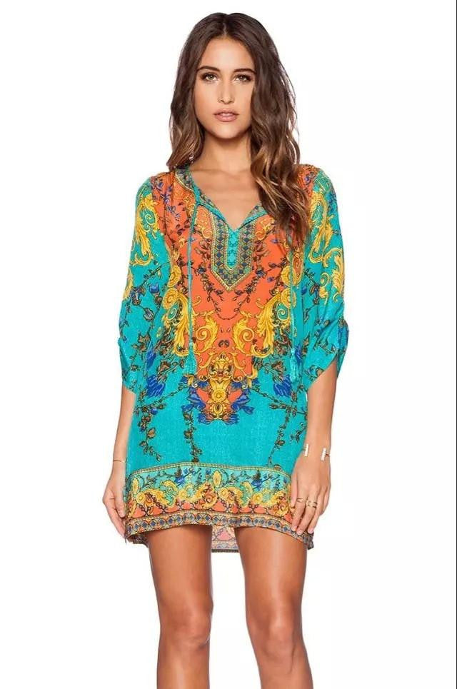 Women bohemian summer dress Ethnic Ropa Mujer 3/4 sleeve Loose V neck vintage print dress short hippie