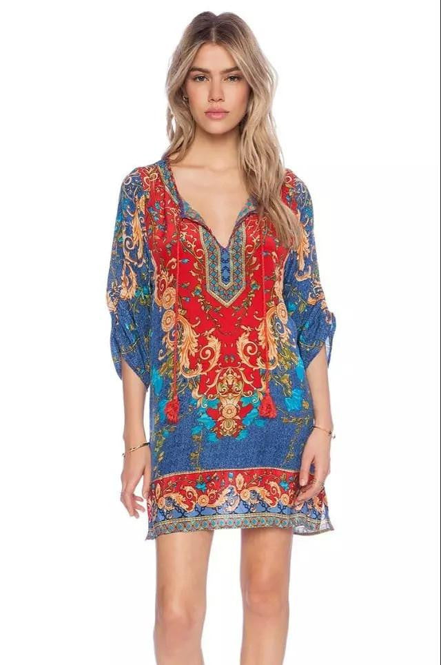 Women bohemian summer dress Ethnic Ropa Mujer 3/4 sleeve Loose V neck vintage print dress short hippie