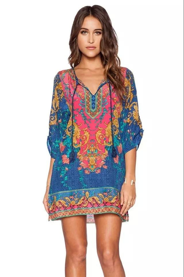 Women bohemian summer dress Ethnic Ropa Mujer 3/4 sleeve Loose V neck vintage print dress short hippie