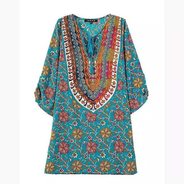 Women bohemian summer dress Ethnic Ropa Mujer 3/4 sleeve Loose V neck vintage print dress short hippie