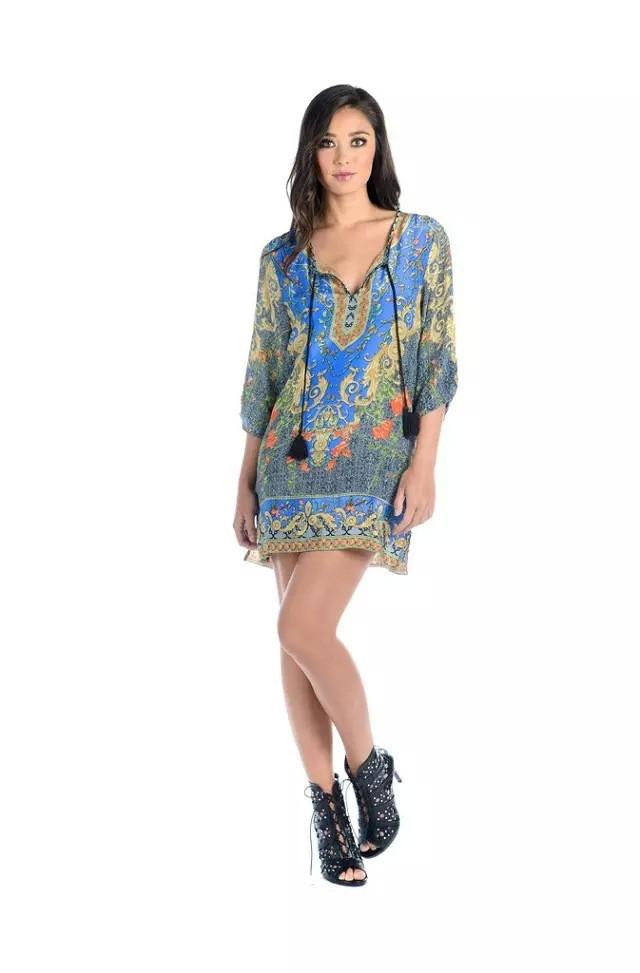 Women bohemian summer dress Ethnic Ropa Mujer 3/4 sleeve Loose V neck vintage print dress short hippie