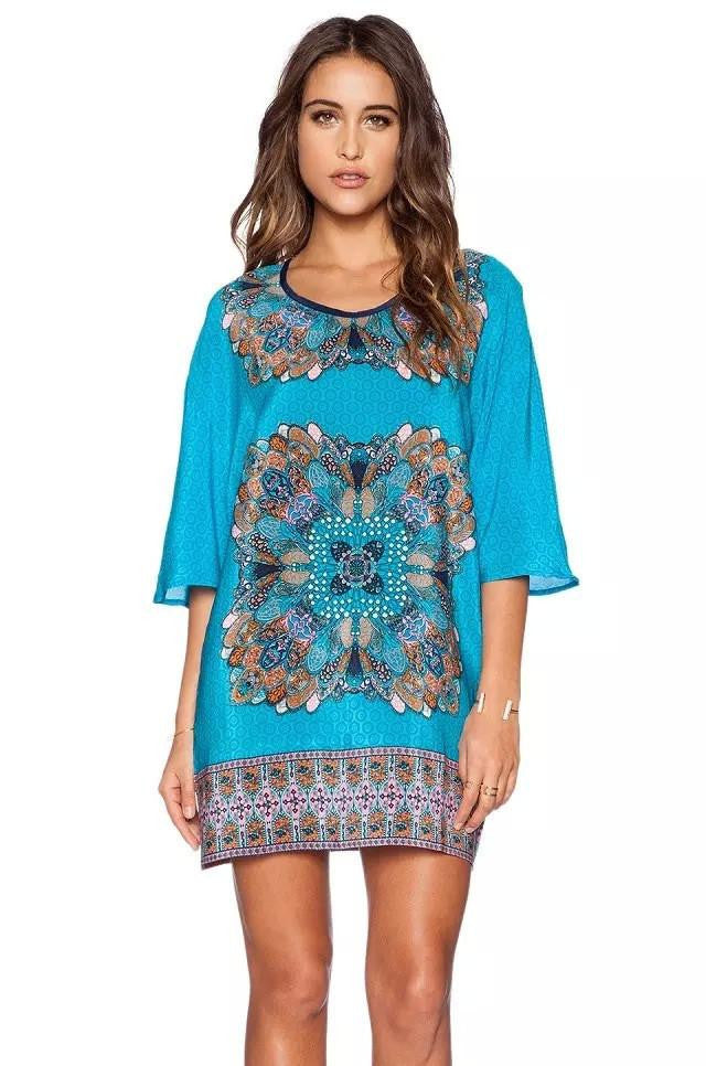 Women bohemian summer dress Ethnic Ropa Mujer 3/4 sleeve Loose V neck vintage print dress short hippie
