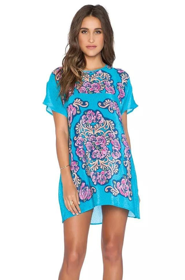 Women bohemian summer dress Ethnic Ropa Mujer 3/4 sleeve Loose V neck vintage print dress short hippie