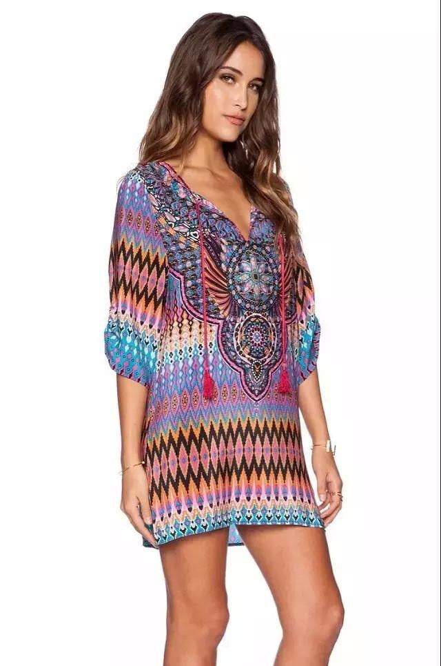 Women bohemian summer dress Ethnic Ropa Mujer 3/4 sleeve Loose V neck vintage print dress short hippie