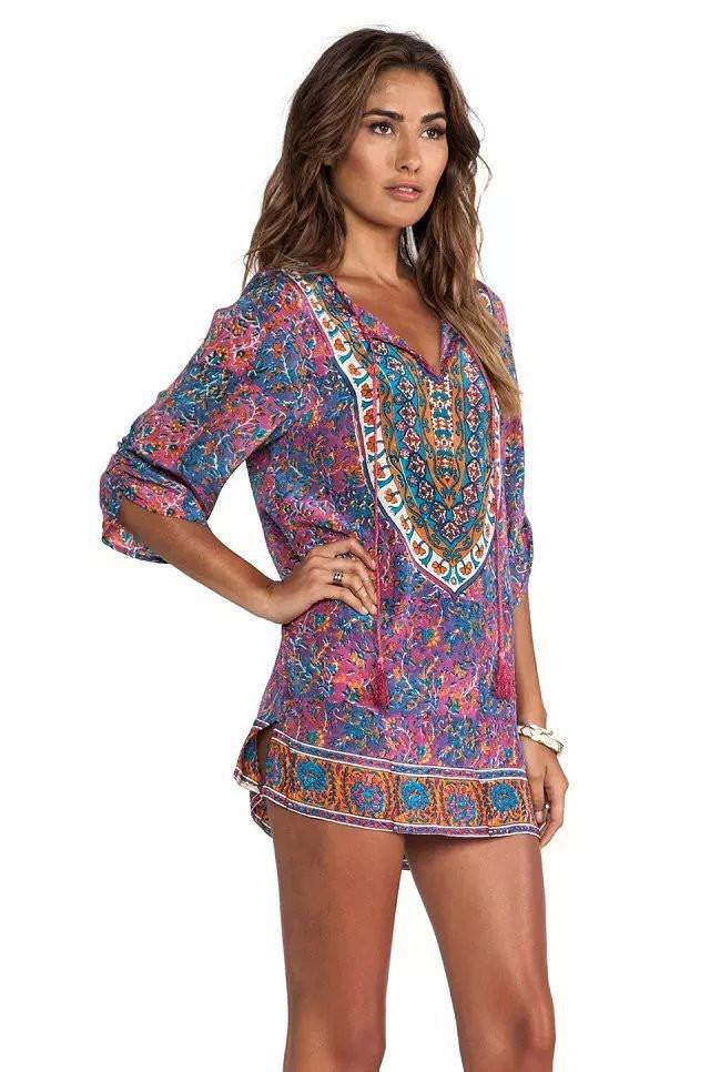 Women bohemian summer dress Ethnic Ropa Mujer 3/4 sleeve Loose V neck vintage print dress short hippie