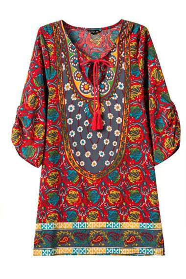 Women bohemian summer dress Ethnic Ropa Mujer 3/4 sleeve Loose V neck vintage print dress short hippie