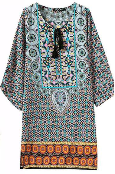 Women bohemian summer dress Ethnic Ropa Mujer 3/4 sleeve Loose V neck vintage print dress short hippie
