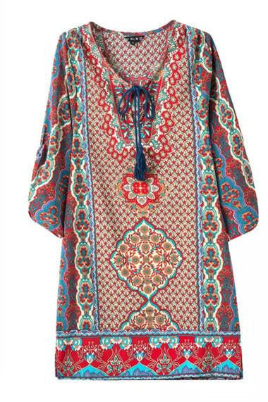 Women bohemian summer dress Ethnic Ropa Mujer 3/4 sleeve Loose V neck vintage print dress short hippie