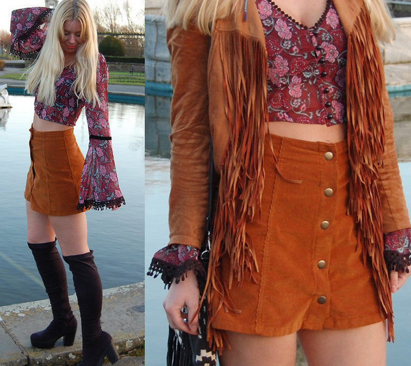 Vintage Corduroy Short Skater Skirt High Waist A Line Mini Preppy Buttons Slim Skirts Womens C142