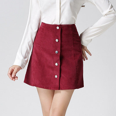 Vintage Corduroy Short Skater Skirt High Waist A Line Mini Preppy Buttons Slim Skirts Womens C142