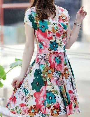 women pleated V-Neck dress waist show thin sand Maxi printed Dresses