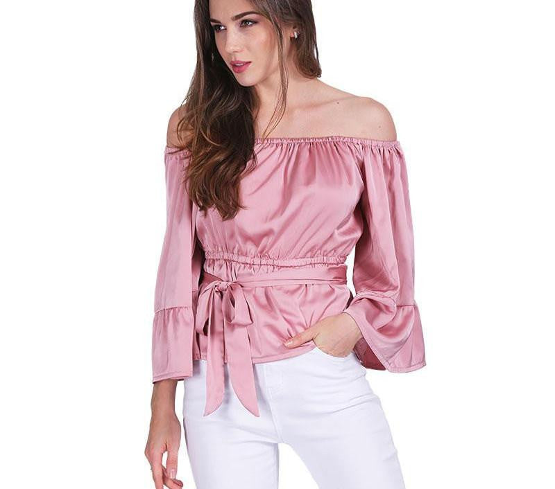 sexy off shoulder ruffle bow blouse shirt Soft satin flare sleeve tops Elegant party women blouses