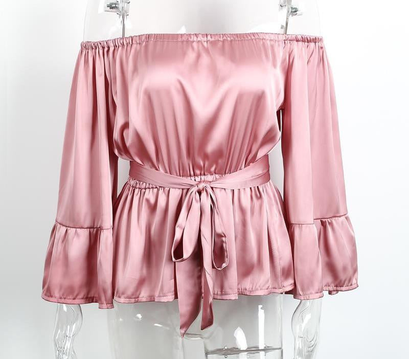 sexy off shoulder ruffle bow blouse shirt Soft satin flare sleeve tops Elegant party women blouses
