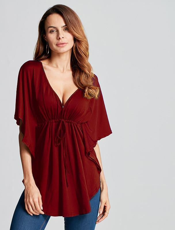 Women Trend Casual Loose V-neck Batwing Sleeve Tops Tee Solid Blouses Shirts Plus Size