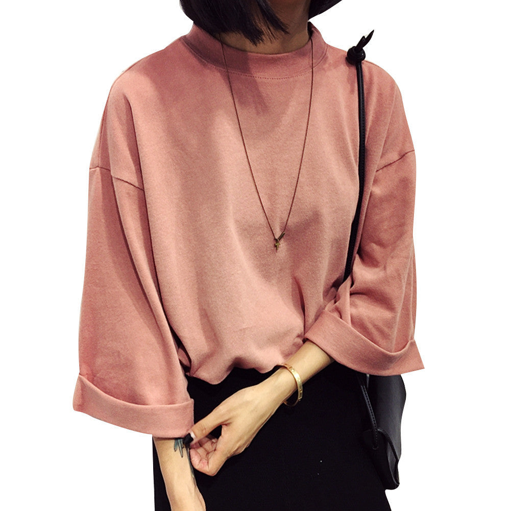 Solid Cotton Women Fashion T-shirt High Collar Three Sleeve Casual All-match Female T-shirt