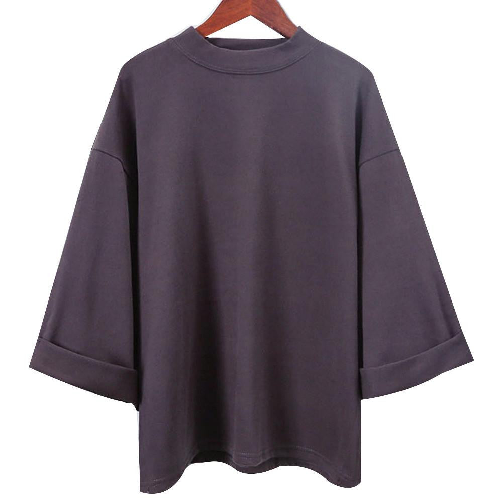 Solid Cotton Women Fashion T-shirt High Collar Three Sleeve Casual All-match Female T-shirt