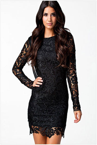 Fashion Solid Color Hollow Out Women Backless Dress Long Sleeve Plus Size Lace Short Dress
