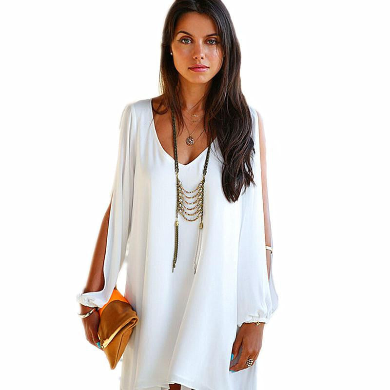 Summer Dress casual Plus Size Women Clothing Long sleeve solid color Chiffon V Dress Vestidos Beach Dress Loose V-neck dress