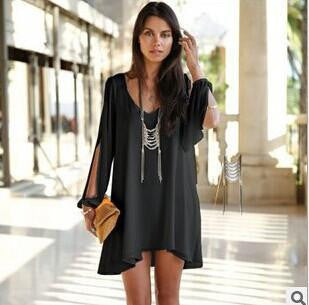 Summer Dress casual Plus Size Women Clothing Long sleeve solid color Chiffon V Dress Vestidos Beach Dress Loose V-neck dress
