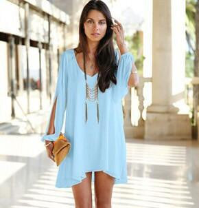 Summer Dress casual Plus Size Women Clothing Long sleeve solid color Chiffon V Dress Vestidos Beach Dress Loose V-neck dress