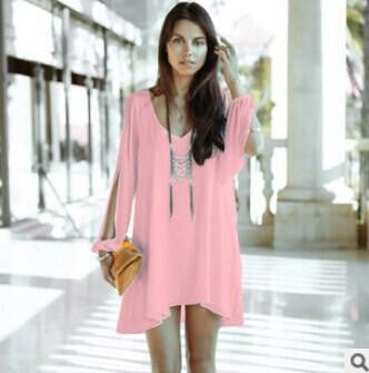 Summer Dress casual Plus Size Women Clothing Long sleeve solid color Chiffon V Dress Vestidos Beach Dress Loose V-neck dress