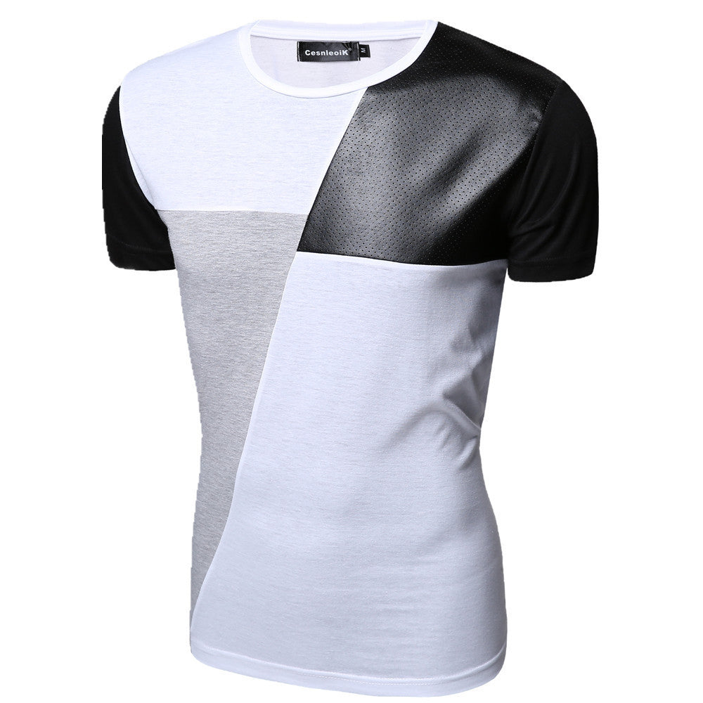 Online discount shop Australia - M-XXL PU Leather T Shirt Men High Quality Splice short Sleeve T-Shirt Fashion Cotton Casual O-Neck hip hop Mens Tops Tee T103