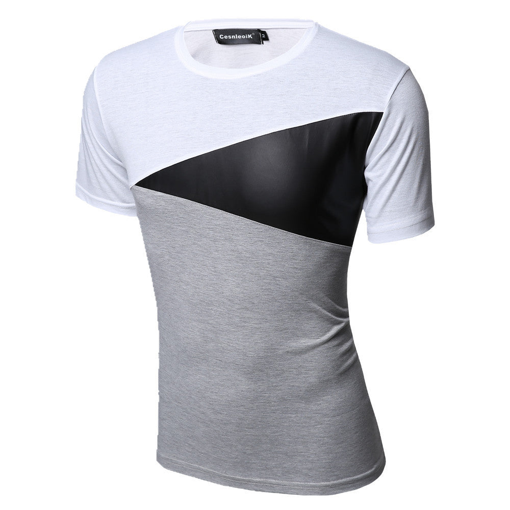 Online discount shop Australia - M-XXL PU Leather T Shirt Men High Quality Splice short Sleeve T-Shirt Fashion Cotton Casual O-Neck hip hop Mens Tops Tee T103