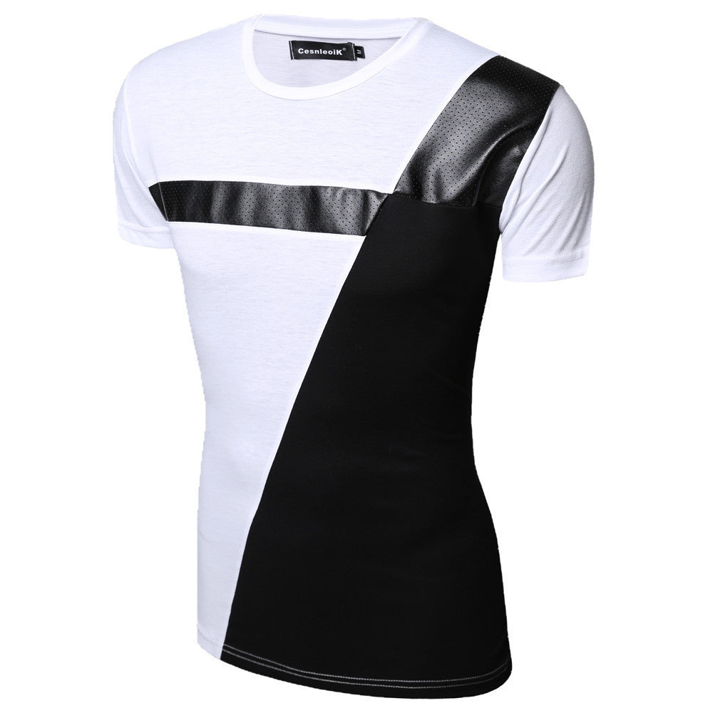 Online discount shop Australia - M-XXL PU Leather T Shirt Men High Quality Splice short Sleeve T-Shirt Fashion Cotton Casual O-Neck hip hop Mens Tops Tee T103