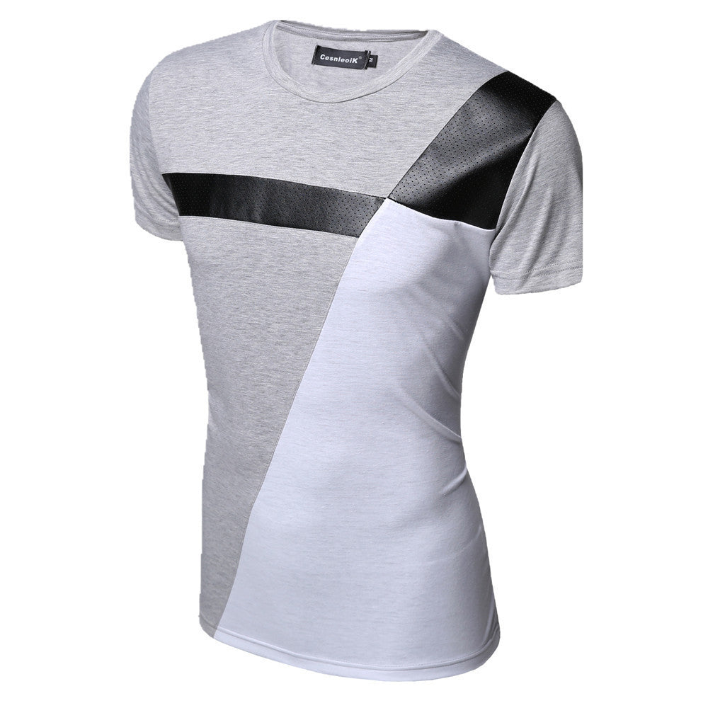 Online discount shop Australia - M-XXL PU Leather T Shirt Men High Quality Splice short Sleeve T-Shirt Fashion Cotton Casual O-Neck hip hop Mens Tops Tee T103