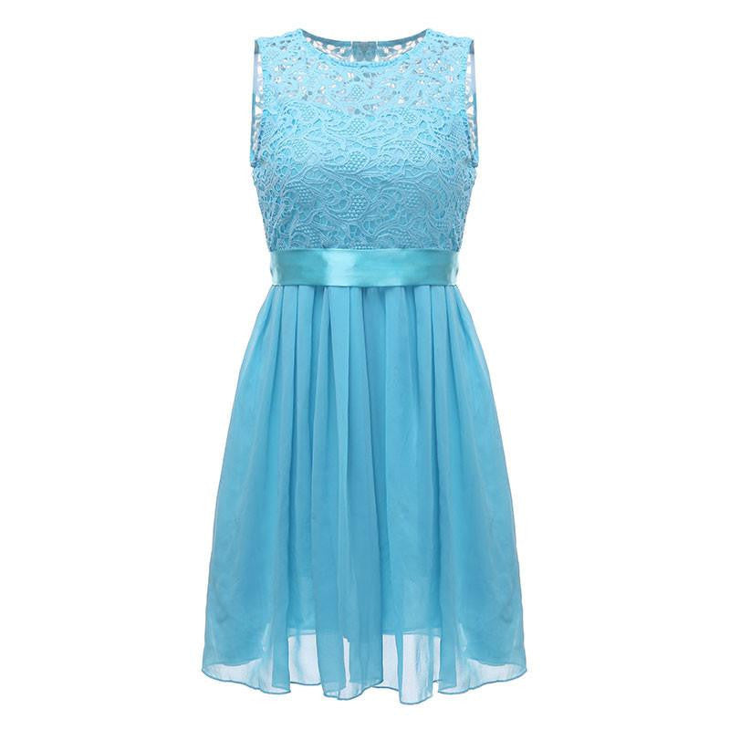 Women Dress Sleeveless Elegant Lace Chiffon O Neck Princess Knee Length Party Dresses