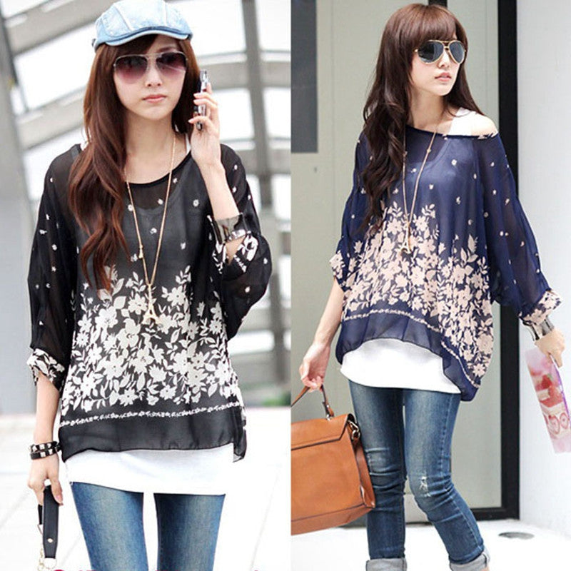 None Women Long Tops Promotion Plus Size Vintage Batwing Sleeve Chiffon Shirt Bohemian Stripe Oversized Blouse