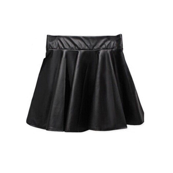 Online discount shop Australia - Fashion Women Faux Leather Skirt High Waist Skater flare Mini Skirt Above Knee Solid Color Flared Pleated Short