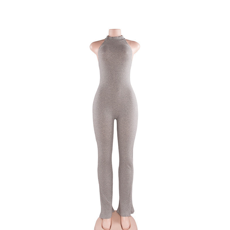 Rompers Women Jumpsuit Fashion Sleeveless Backless Round Neck Knitted Bodycon Grey Long Pant Jumpsuits