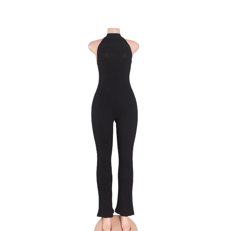 Rompers Women Jumpsuit Fashion Sleeveless Backless Round Neck Knitted Bodycon Grey Long Pant Jumpsuits