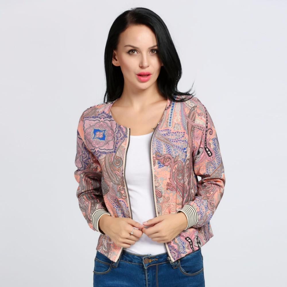 Women Bomber Jacket Print O-Neck Casual Sprin Jackets Zipper Jackets Women Jacket Down Coat Long Sleeve Outwear