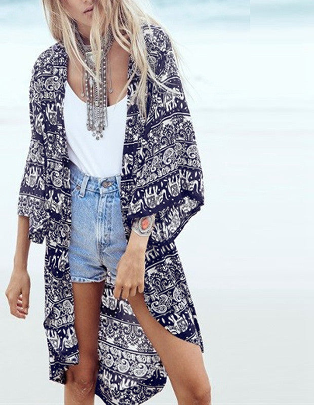 Women Blouses Floral Print Casual Beach Boho Kimono Cardigan Ladies Long Tops Cover Up S-6XL
