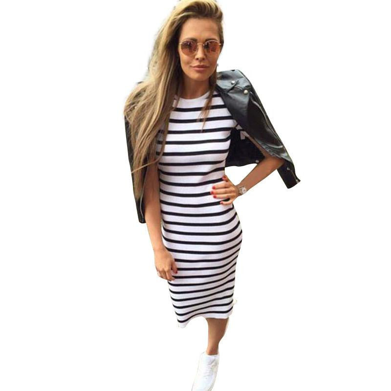 Summer Women Dress Casual Slim Sheath Dresses Round Neck Striped Dress Short Sleeve Bodycon Dresses LJ4862R
