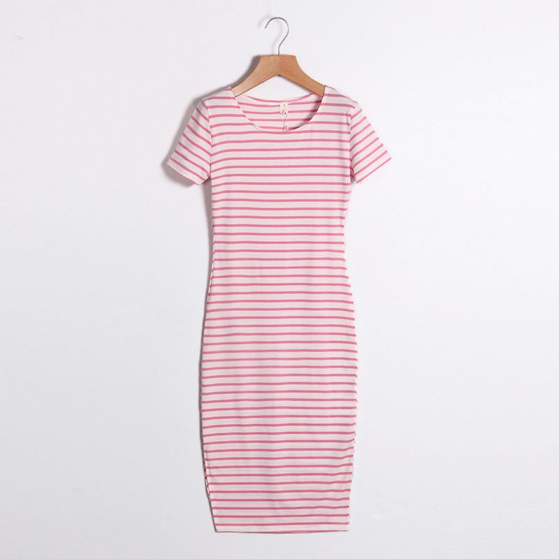 Summer Women Dress Casual Slim Sheath Dresses Round Neck Striped Dress Short Sleeve Bodycon Dresses LJ4862R