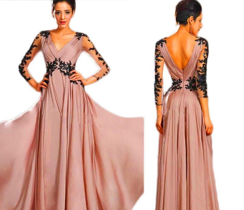 Women's Party Dress Long Sleeve Deep V Backless Chiffon Floral Printed Clubwear Flared Dresses